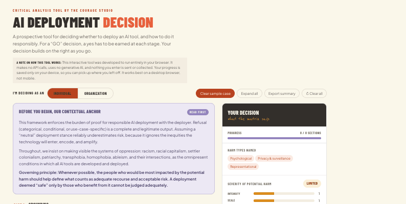 Screenshot of the AI Deployment Decision Calculator showing the decision zone matrix